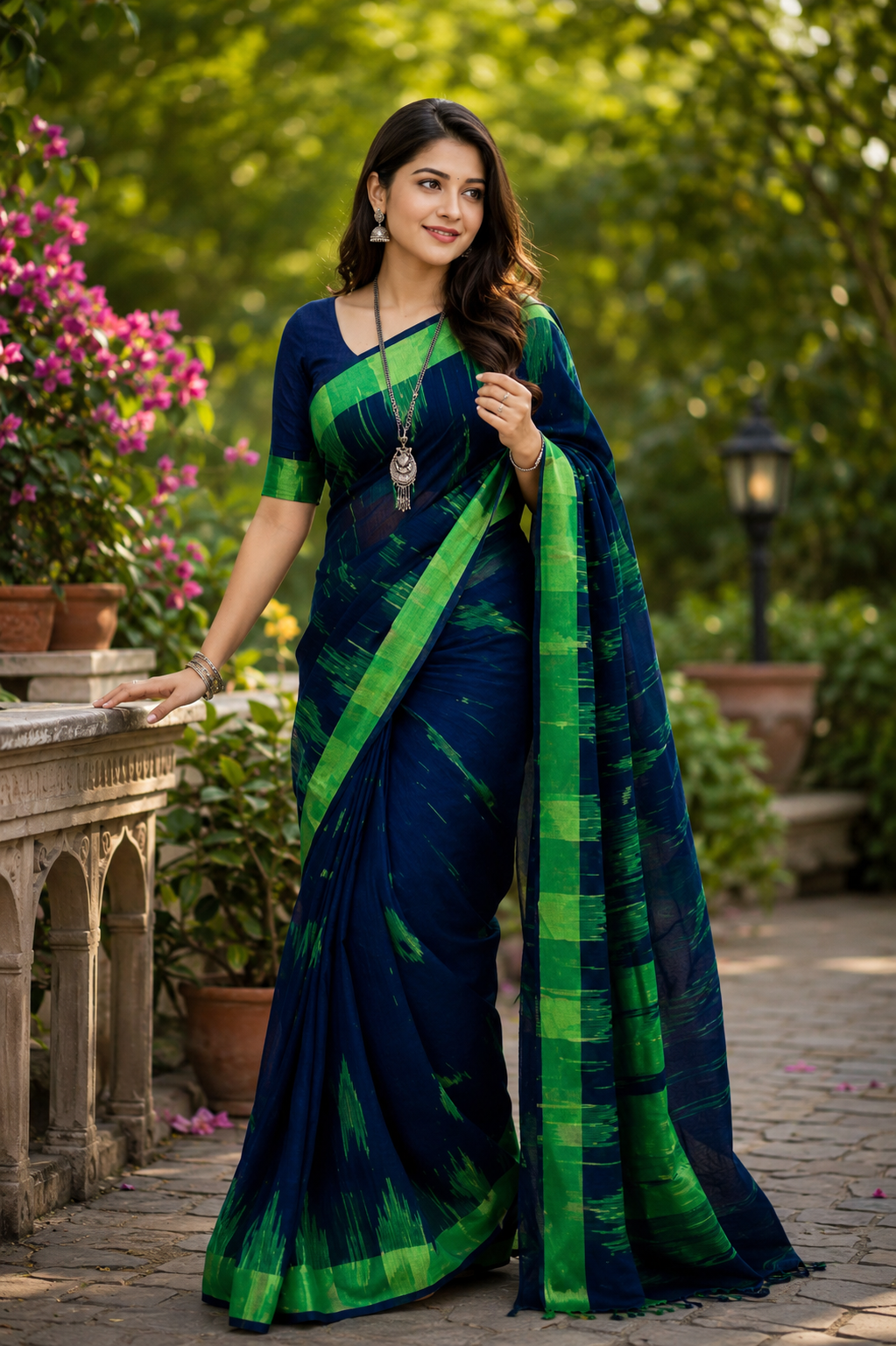 Sylheti Monipuri Sharee (Navy Blue + Roral Green)