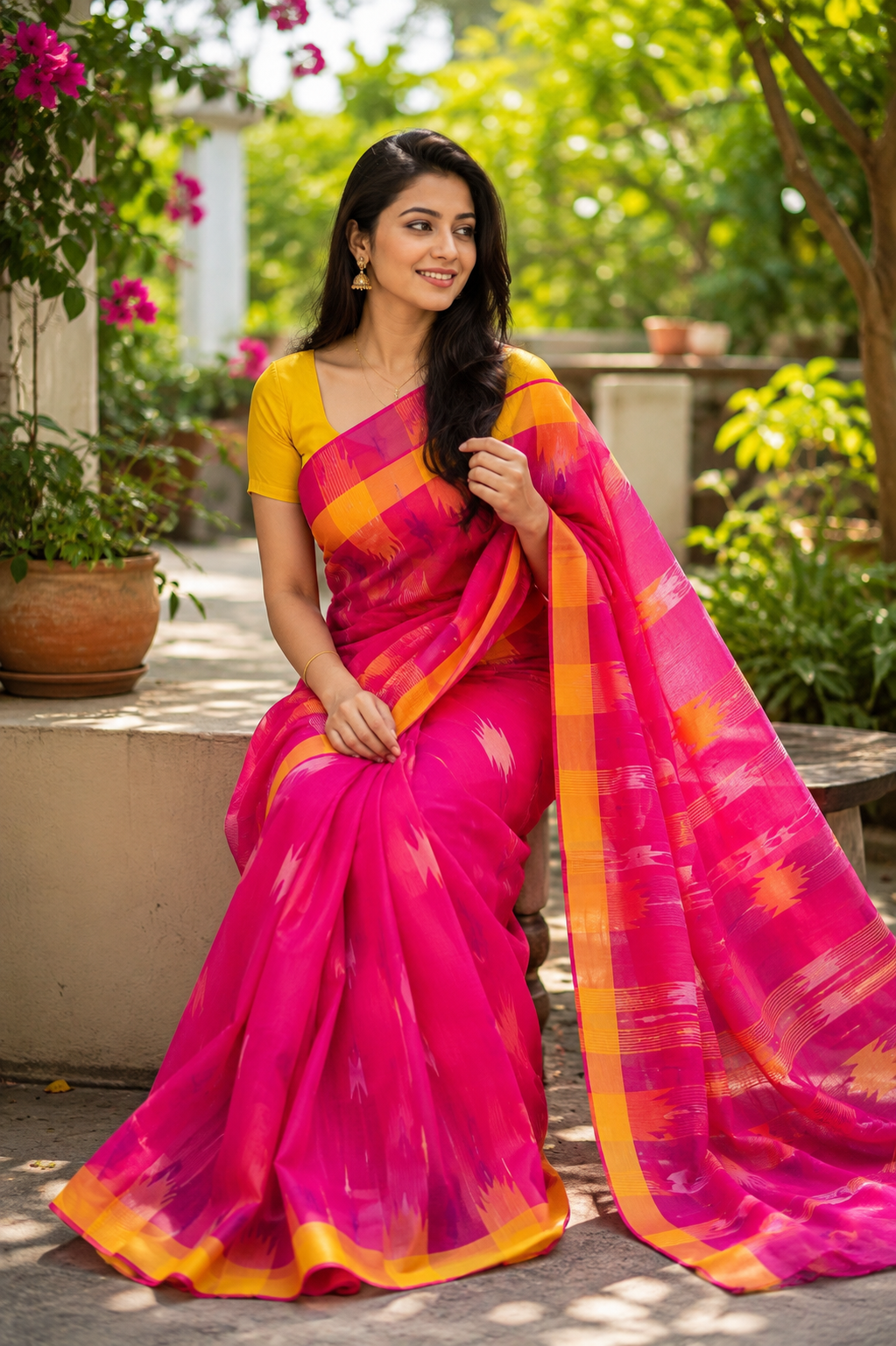 Sylheti Monipuri Sharee (Hot Pink+Orange)