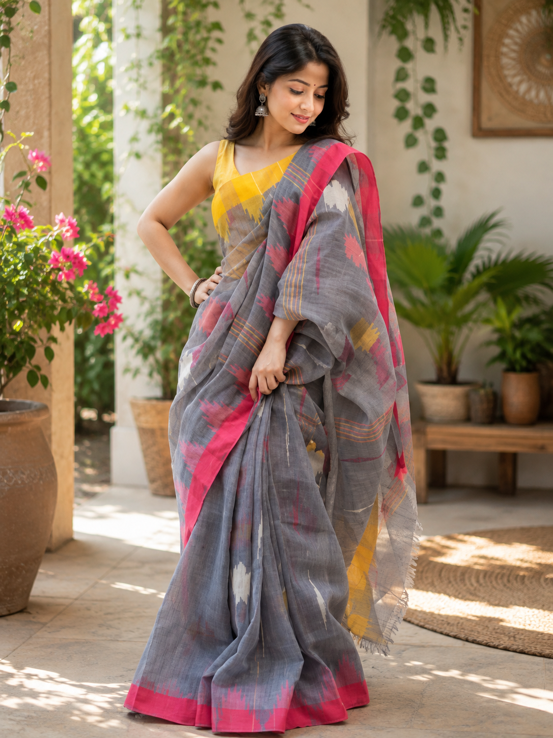 Sylheti Monipuri Sharee (Ash+Magenta)