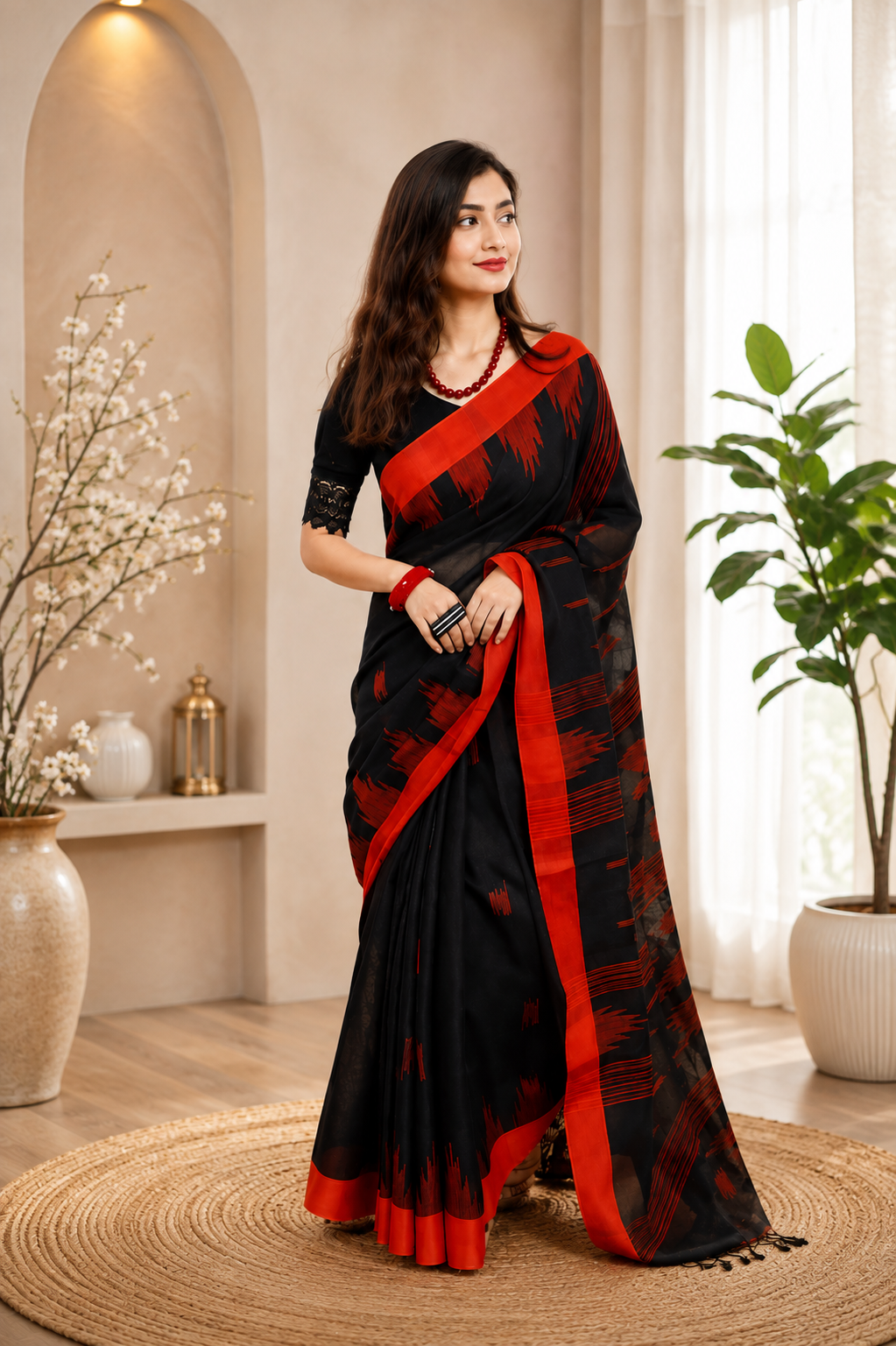 Sylheti Monipuri Sharee (Black+Crimson Red)