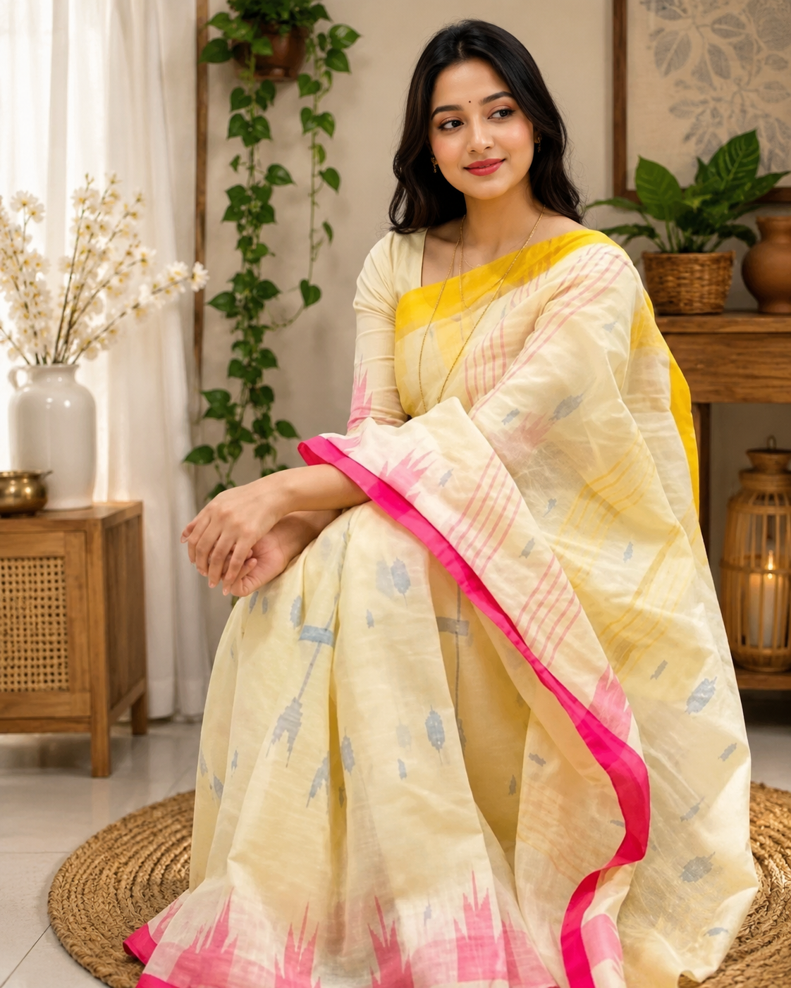 Sylheti Monipuri Sharee (Cream+Pink)
