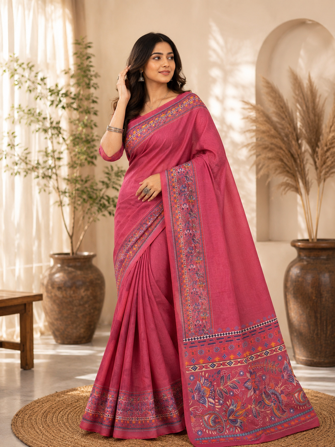 Digital Komol Silk Saree - Dusty Rose Floral