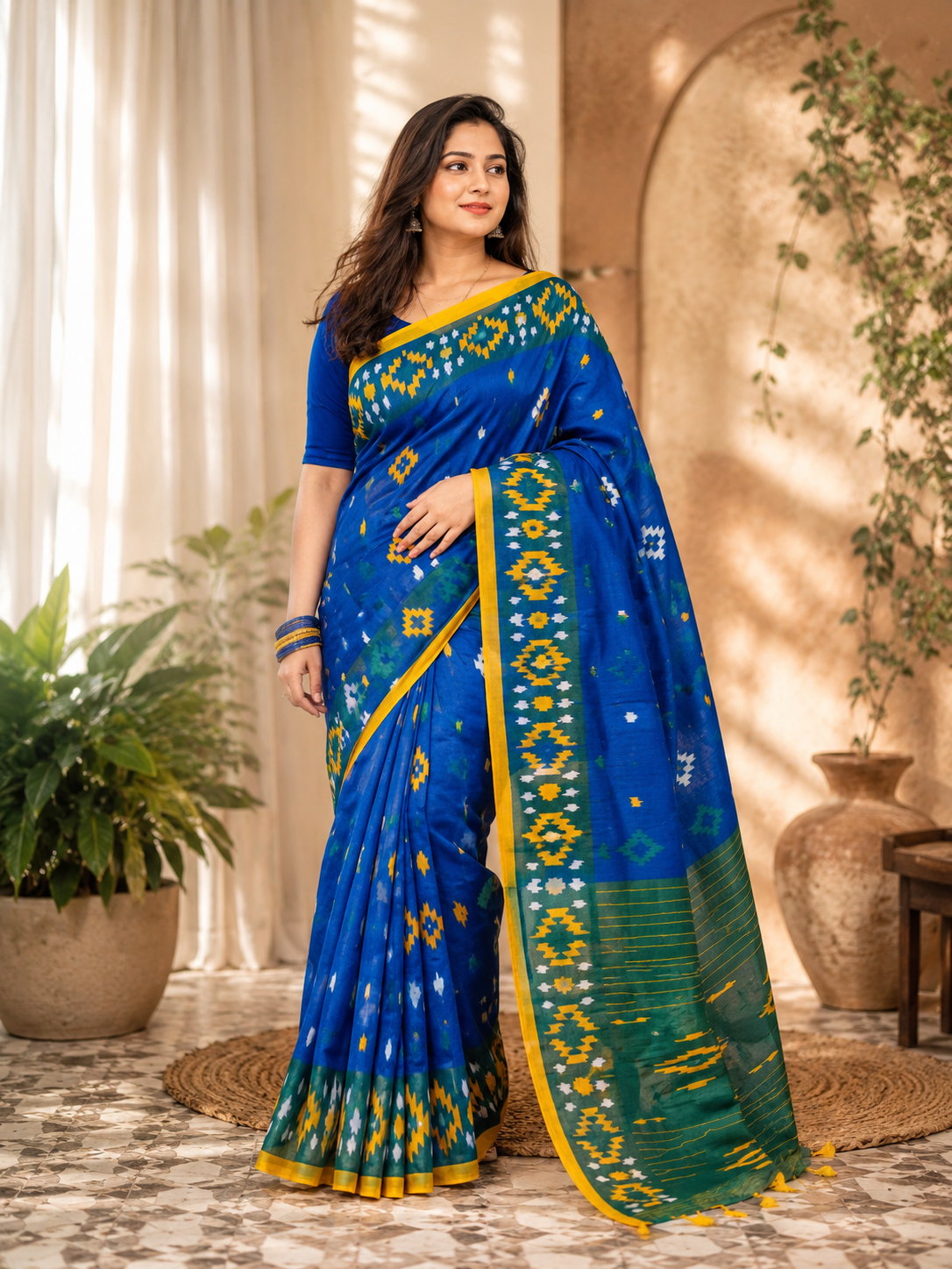 Digital Komol Silk Saree - Royal Blue & Yellow
