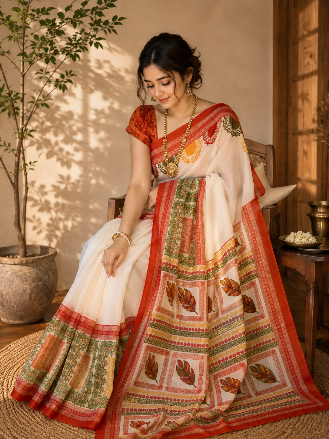 Digital Komol Silk Saree - Off-White & Red Border