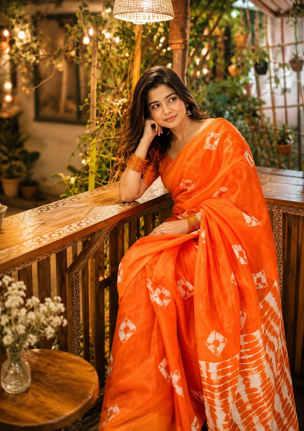 Digital Komol Silk Saree - Bright Orange Shibori