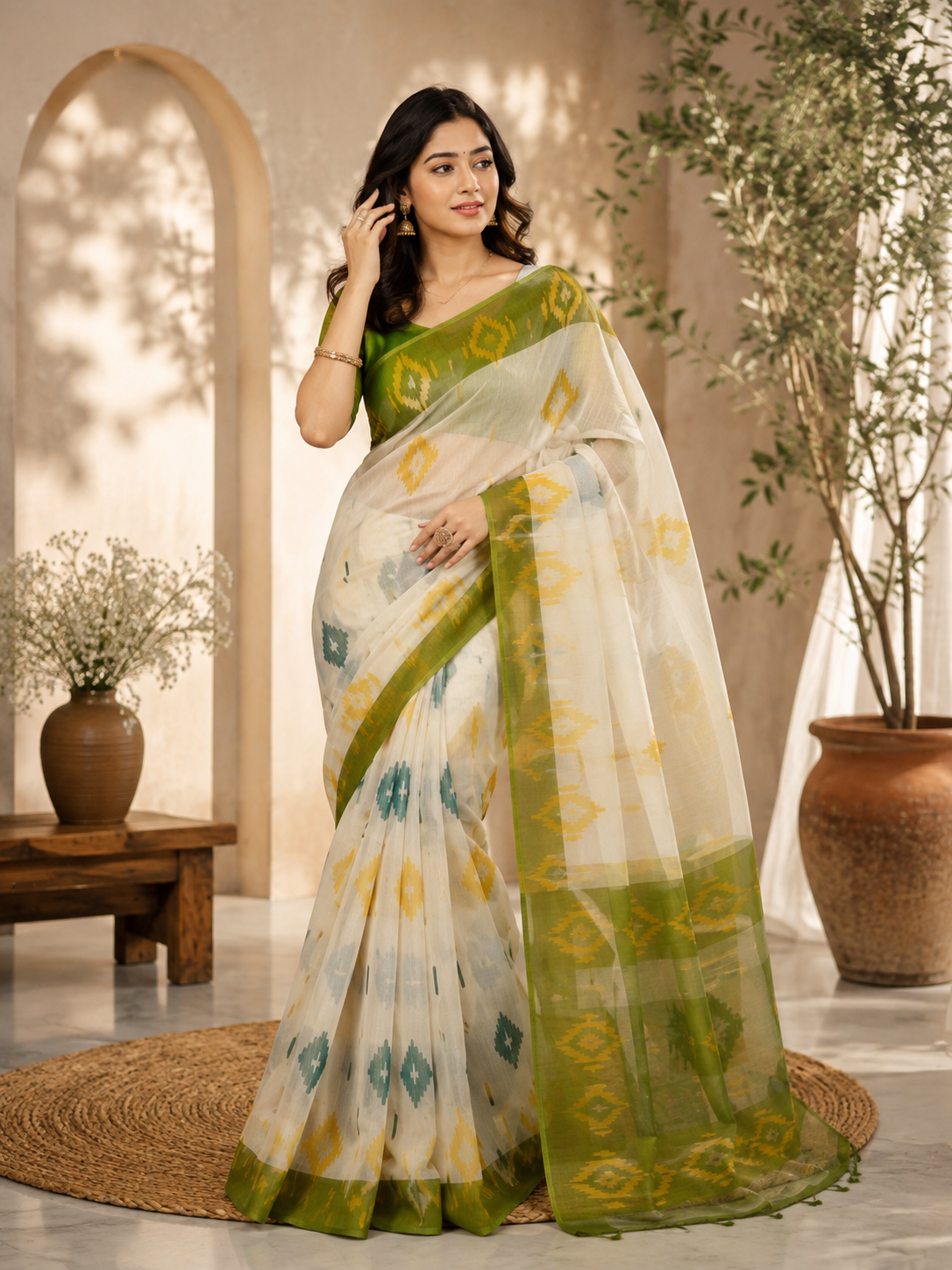 Digital Komol Silk Saree - Cream & Olive Green