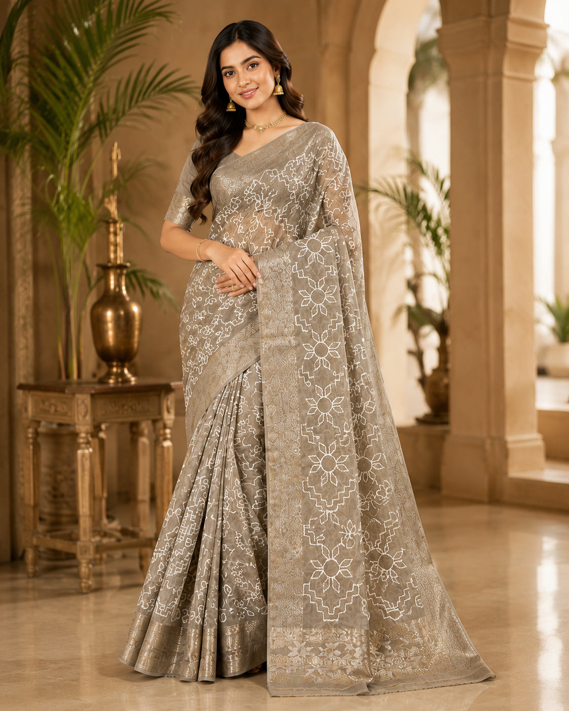 Indian Lucknow Saree - Muted Grey