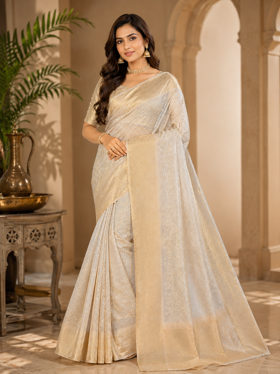 Indian Lucknow Saree - Off-White Ivory